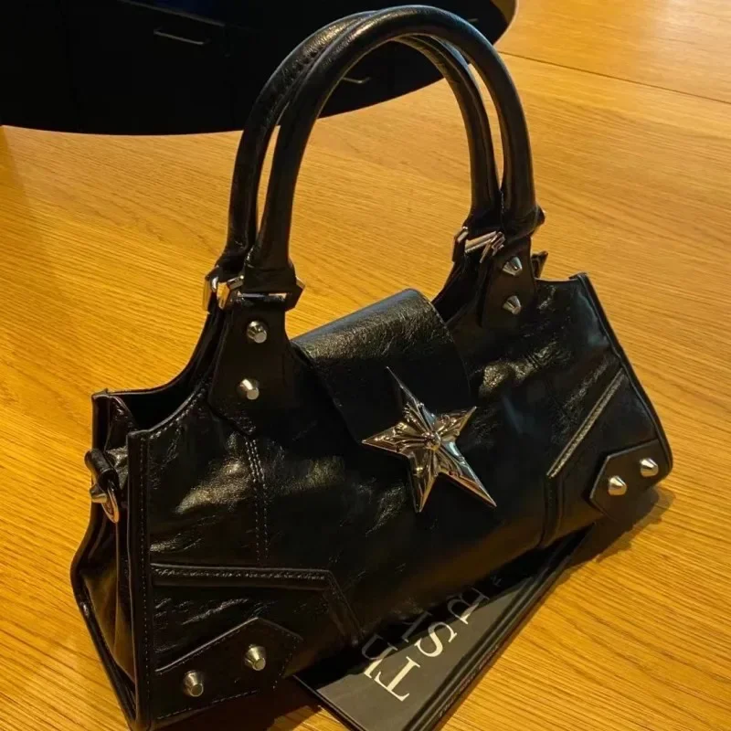 Y 2K Gothic Ster Meisje Zwarte Tas Vrouwen Vintage Handtas Mode Schoudertas Grote Capaciteit Pu Crossbody Goth Portemonnee Punk Draagtassen