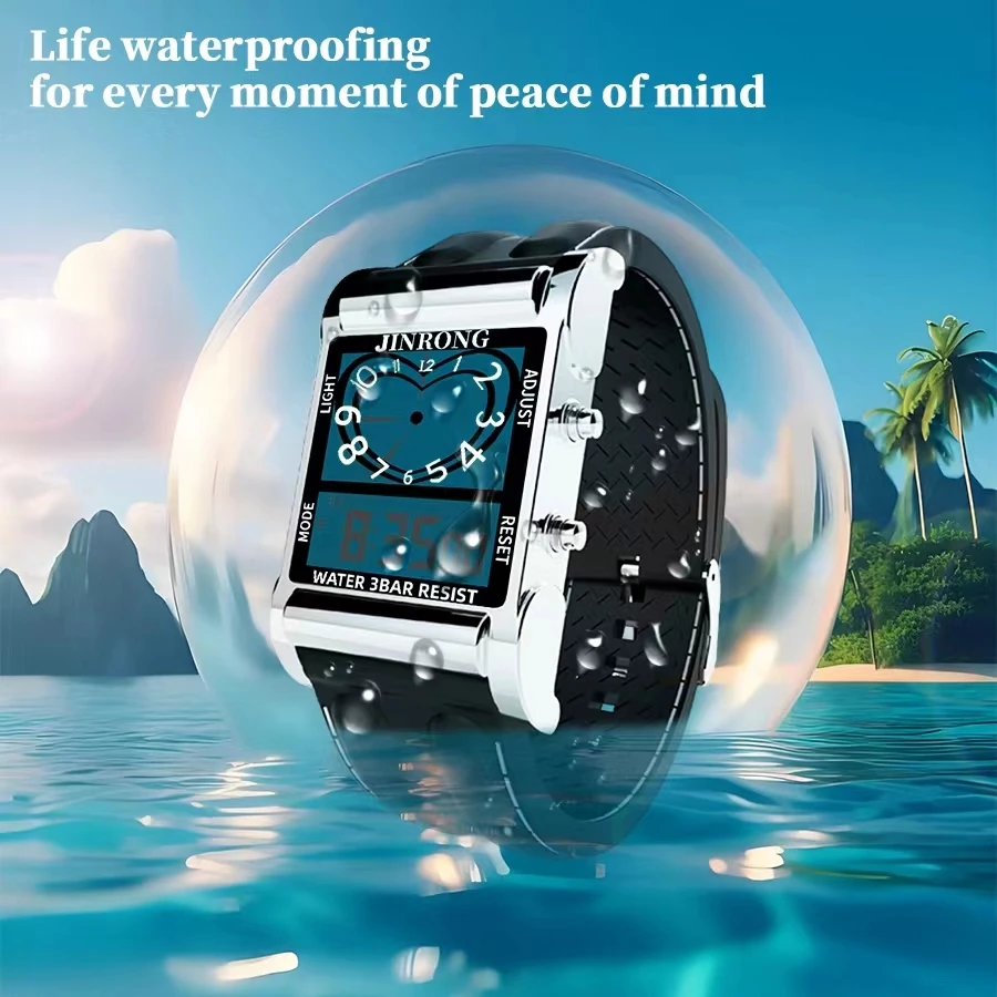 남녀 공용 패션 스포츠 크로노그래프 시계, 디지털 및 포인터 듀얼 디스플레이, 30M 방수, 아연 합금 직사각 케이스