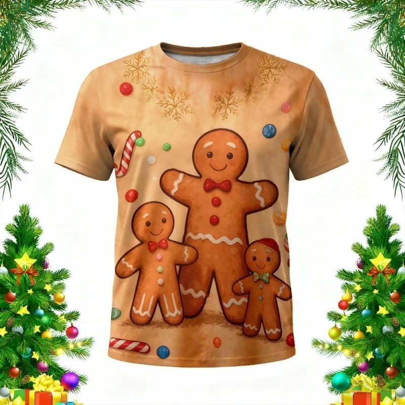 

3D Printed Santa Claus Gingerbread T-Shirt For Men Christmas Snowman Pattern T-Shirts Summer Loose Short Sleeve Tees O-Neck Tops