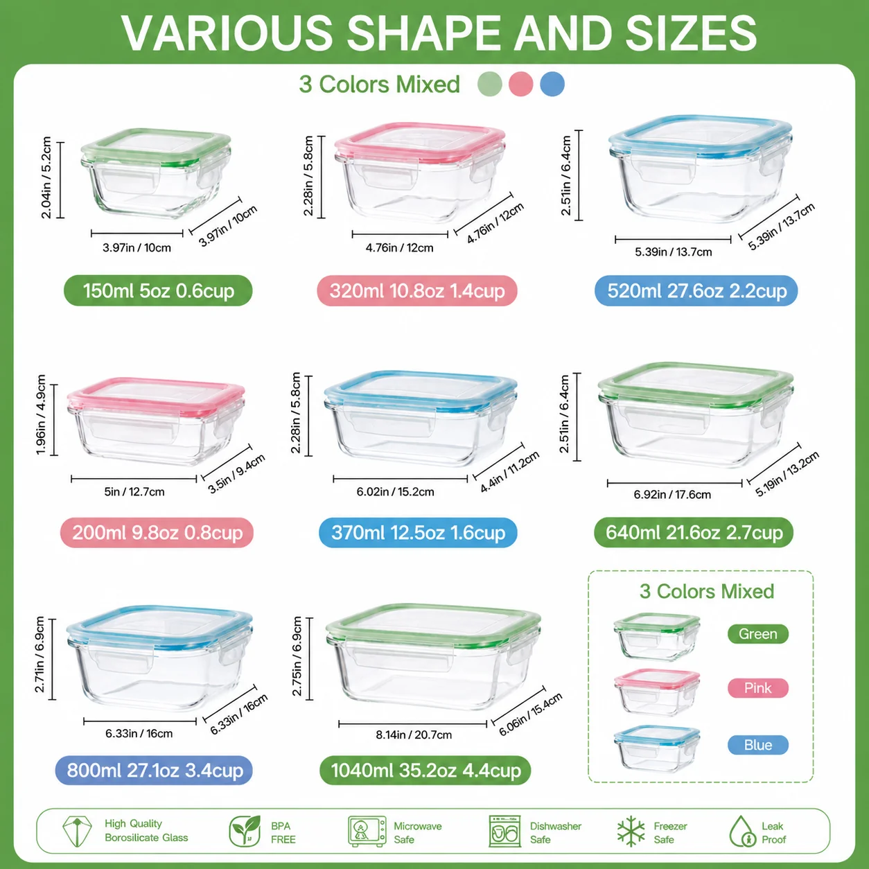 8 Pack Multi-capacity Glass Storage Organizer with Snap Lock Lids, Glass Food Containers Complete with Marker and Label Stickers, Stackable Vessels for Household Dry Food Arrangement, School Lunch Prep and Outdoor Picnic Organization