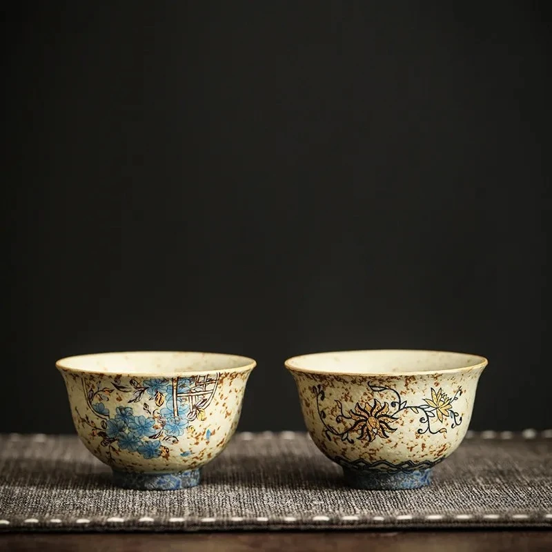 Vintage Blue White Rough Ceramic Window‑Cut Master Guest Tea Cup Kung Fu Tasting Teacup For Home Tea Ceremony Table Decor