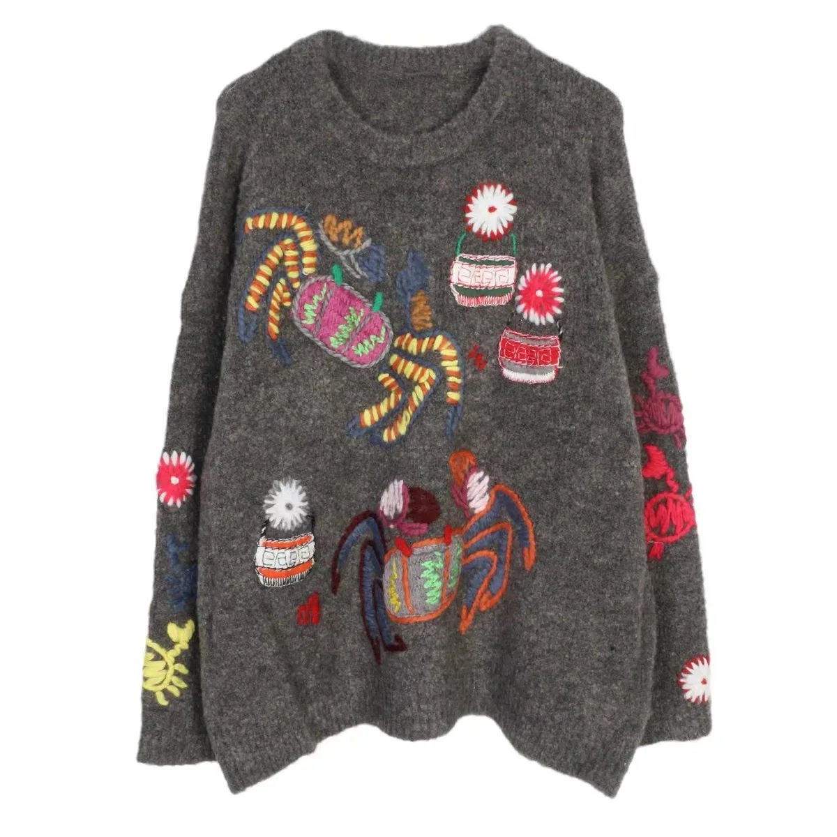 

European Fashion Women Cartoon Oversized Pullover Sweater Y2K Vintage Brand Casual Loose Embroidery Knitted Cashmere Tops N142