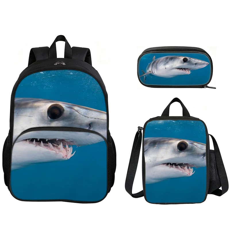 Shark 3Pcs Set with Front Pocket Backpack School Bag with Lunch Bag Pencil Case Lightweight Large Capacity Multi-function