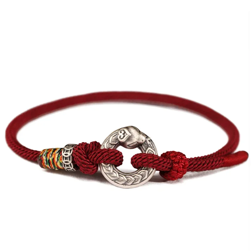 999 Foot Silver Year of The Snake Safety Buckle Red Rope Bracelet Women's Sterling Silver Woven Natal Year Good Luck Hand Rope