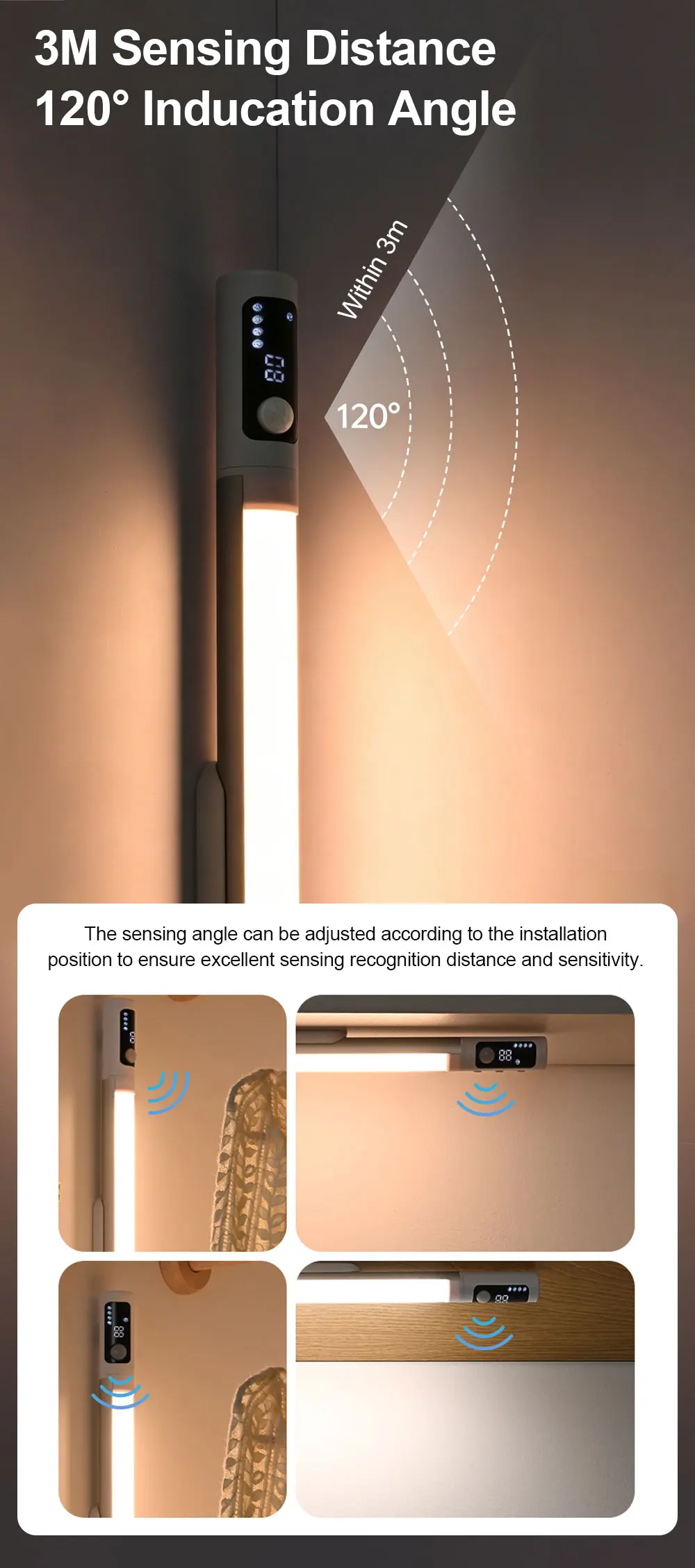LED Digital Display Motion Sensor Night Light Type C Rechargeable Closet Light Magnetic Sensor Lamp For Cabinet Kitchen Lighting
