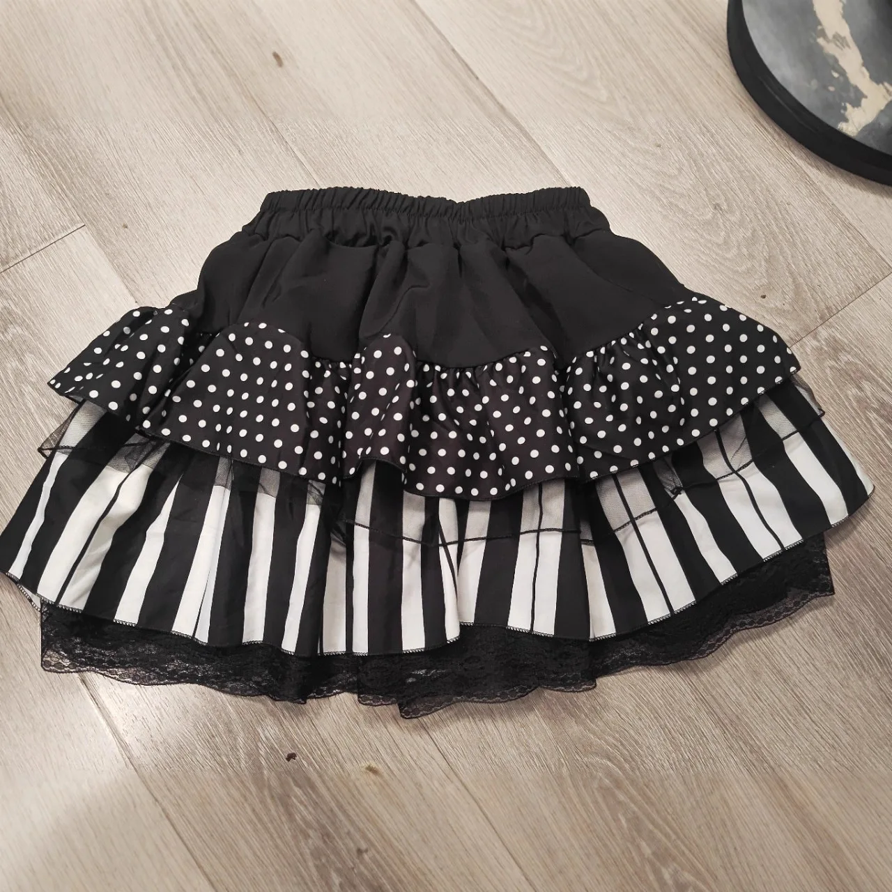 American Vintage Y2k Korea Slim Waist Ruched Polka Dot Piano Keys Skirt Women Layered Ruffle Lace Skirt Summer Daily Streetwear