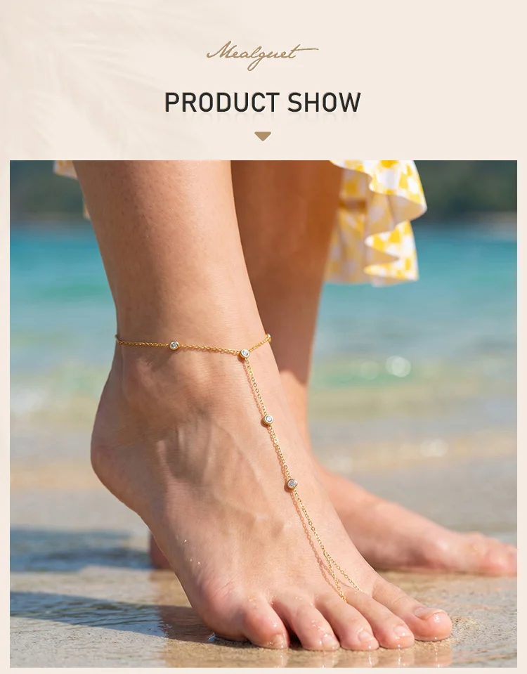 Edelstahl CZ-Fußkettchen 18K PVD Vergoldet Boho Urlaub Zierliches Barfuß Strand Fußschmuck – Detail 1