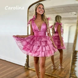 Carolina Fuchsia Short Tulle Homecoming Dresses for Teens 2024 Sparkly Tiered Ruffle Prom Dress with Bow Straps