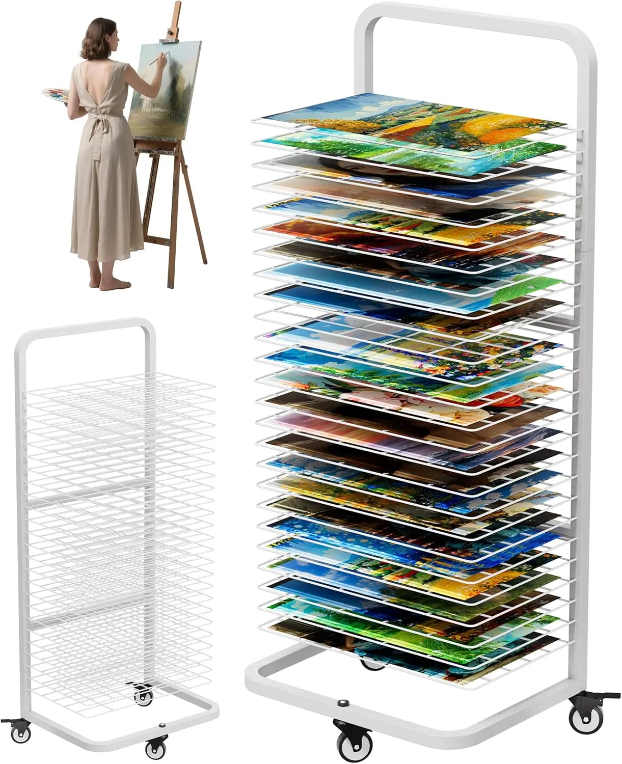 

Mobile Metal Art Drying Rack with 25 Removable Shelves and Lockable Wheels for Classrooms, Studios, Schools