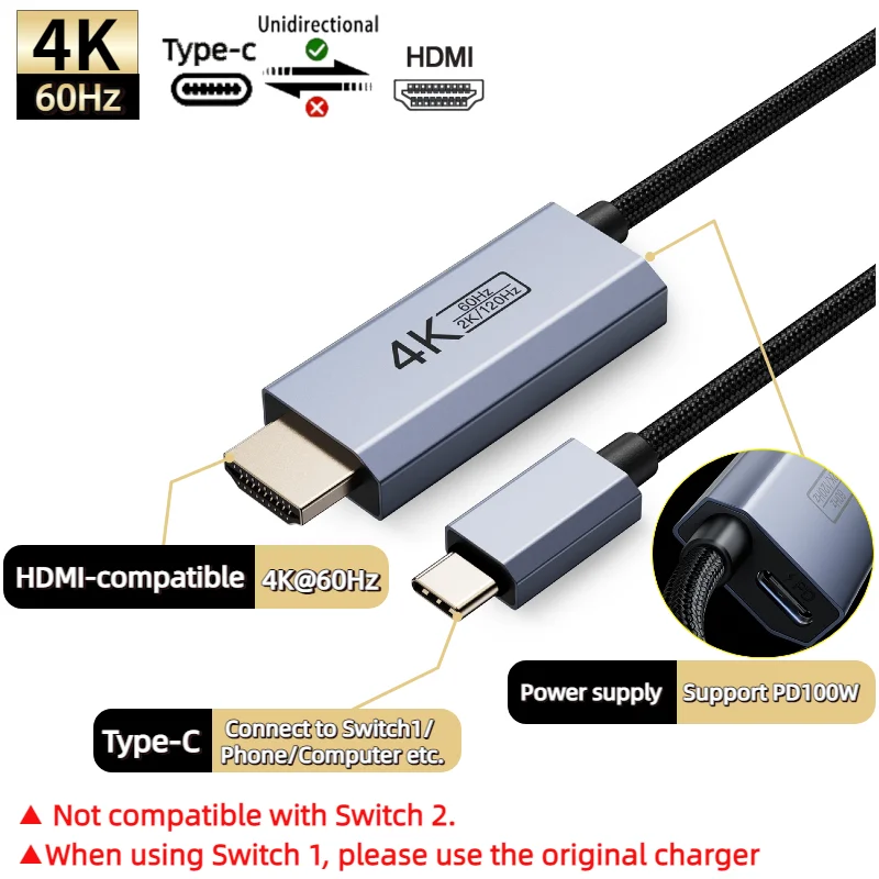 Switch Dock for Nintendo Switch1 USB C to HDMI Cable 4K@60Hz Type-C to HDMI Adapter 6.6FT HDR 100W PD for Laptop Phone Computer