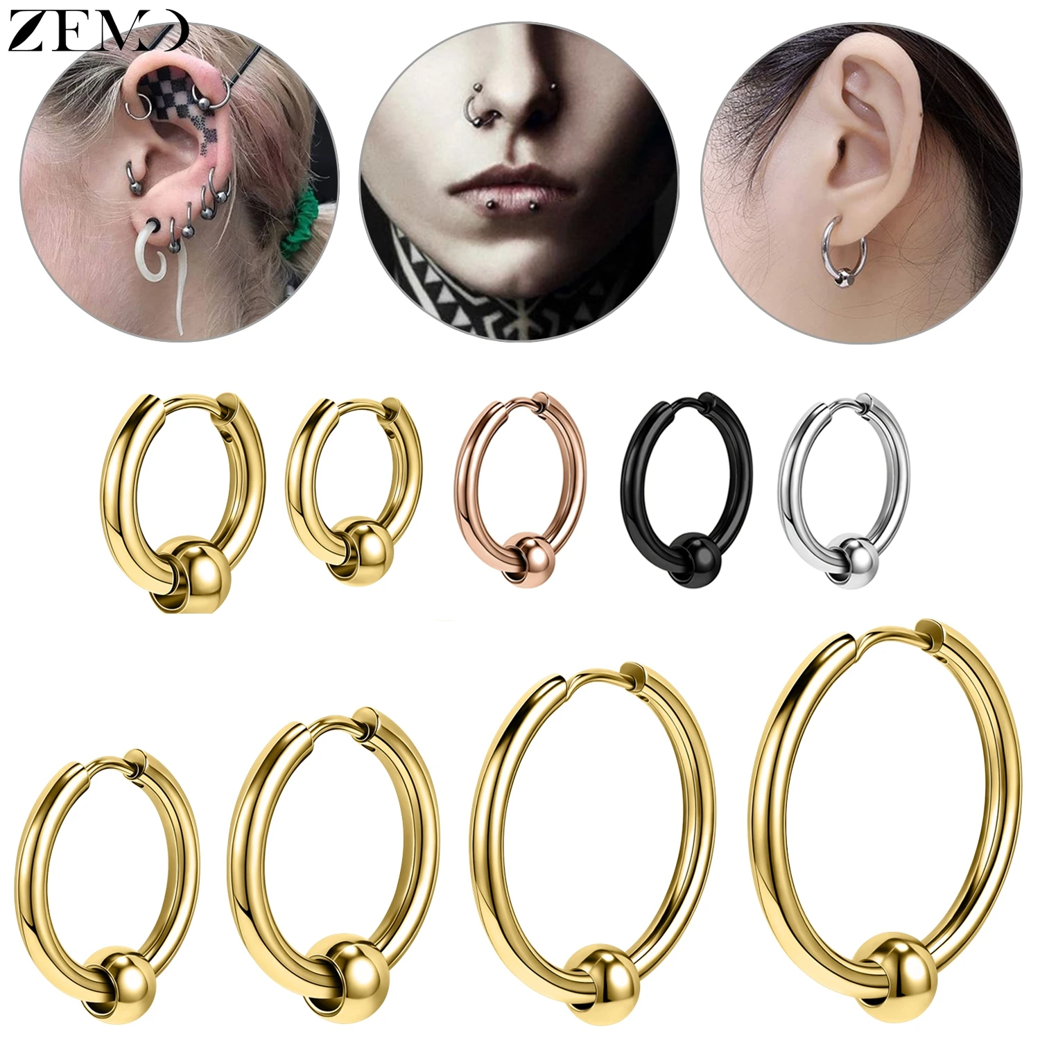 ZEMO 1 PC Rock Stainless Steel Hoop Earrings For Men Women Round Earring Ball Ear Cuff Tragus Helix Piercing 10/12/14/16/18/20MM