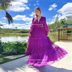 XPAY Elegant A-Line Prom Dresses V-Neck Long Sleeves Floor-Length  Dubai Arabic Women Formal Evening Gowns Cocktail Party Dress