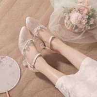 Embroidered Satin Cloth Chinese Ethnic Style Cheongsam Women Sandals Round Toe Pearl Ankle Strap High Heels Wedding Shoes 32 33