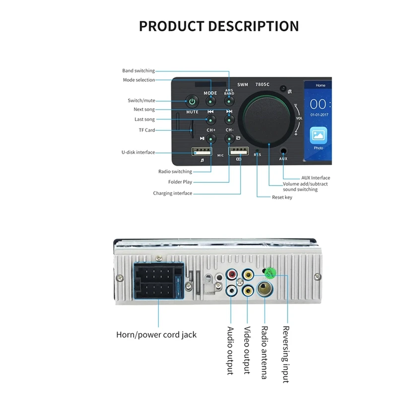 4,1-дюймовый автомобильный радиоприемник с сенсорным экраном, Bluetooth, музыкальная громкая связь, MP5-плеер, TF, USB-зарядка, удаленная музыкальная аудиосистема, прочный
