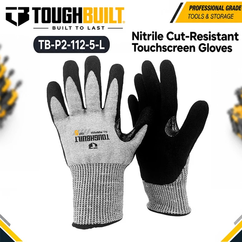 TOUGHBUILT TB-P2-112-5-L A5 Cut Resistant Touchscreen Work Gloves, 15-Gauge HPPE Nitrile Coated Abrasion Resistant Safety Glove