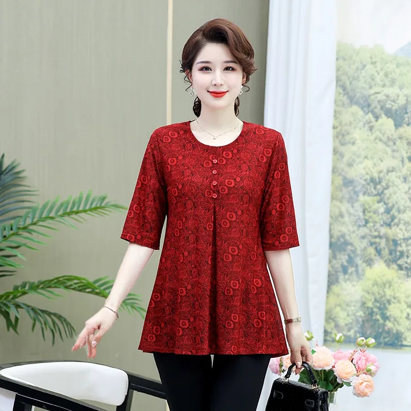 Vintage Printed T-shirt Casual Loose Folds Button Summer Half Sleeve Commute Daily Round Neck Midi Pullovers Female Clothing