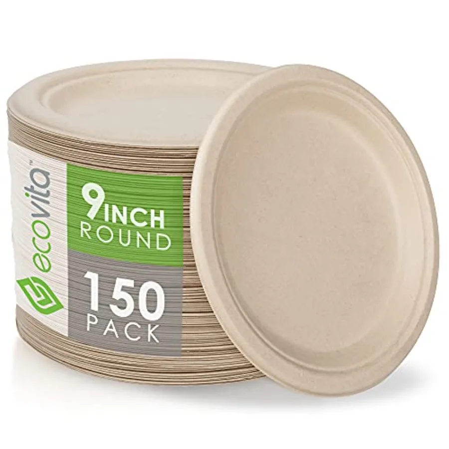 

100 Compostable Paper Plates [9 in.] 150 Disposable Plates Eco Friendly Sturdy Tree Free Liquid and Heat Resistant Alternative