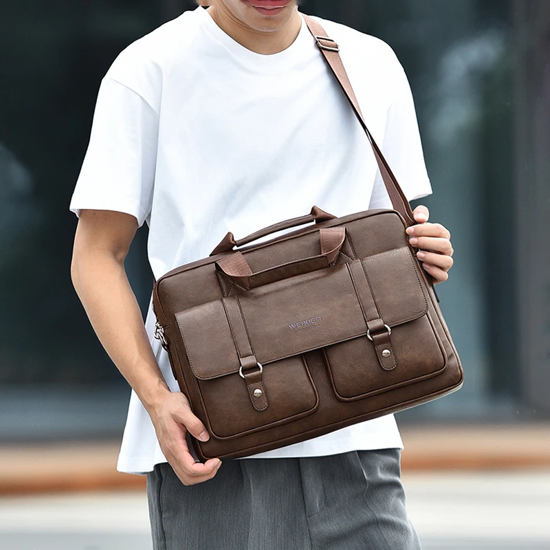 Men'S Vintage Briefcase 15.6 Inch Laptop PU Leather Shoulder Executive Business Messenger Office Portable Document Bag Male