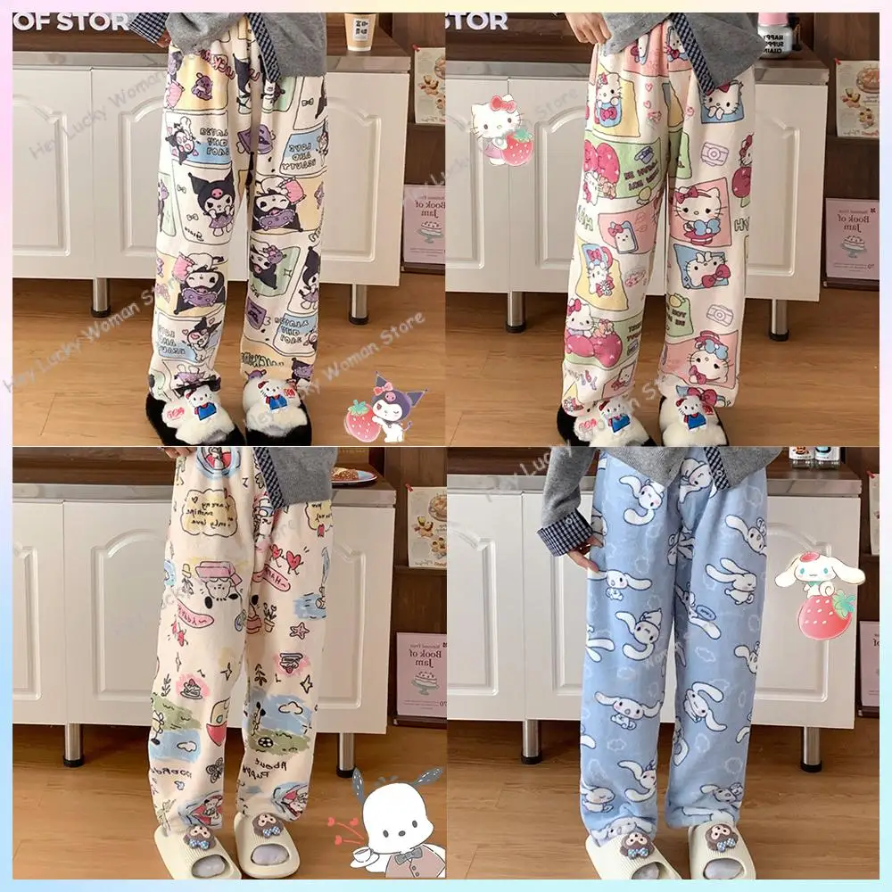 Cartoon Sanrio Hello Kitty Pajamas Flannel Fashion Trousers Kawaii Women Casual Plush Home Pants Cartoon Warm Comfortable Pants