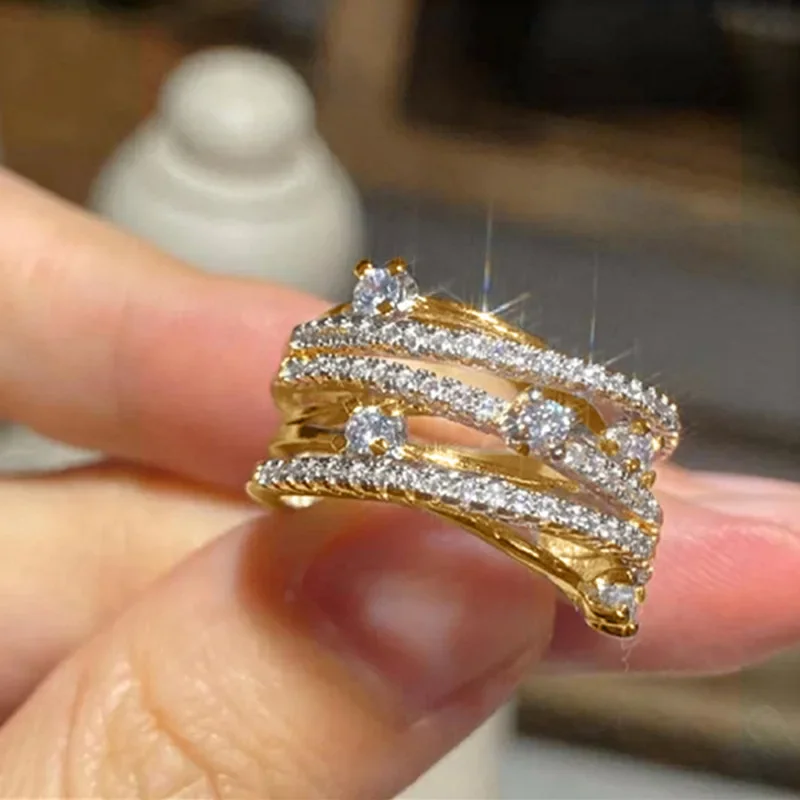Exquisite Female Rings 925 Sterling Silver Multi-layers Cross Shiny Cubic Zirconia Rings for Women Promise Love Wedding Jewelry