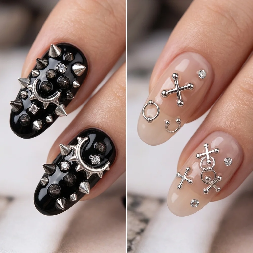 12 Grids Silver Cross Nail Charms 40Pcs Punk Gothic 3D Rhinestone Alloy Nail Art Decorations with Storage Box