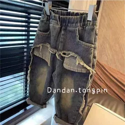 Boys Fashion Jeans Children Straight Trousers Spring Autumn New Pants 2025 Kids Loose Casual Elastic Underwear 2-8 Years Old