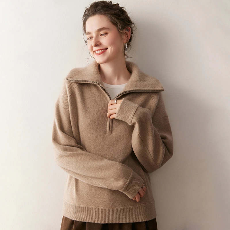 女性用100％カシミヤセーター、ジッパー付きニットセーター、タートルネック、厚手プルオーバー、プレッピースタイル、高級秋冬カシミヤトップス