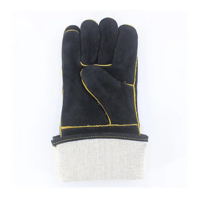 Black Cowhide Welding Gloves Double Layer Heat Resistant Anti Scald Wear Resistant Extended Cuff Electric Welding Gloves