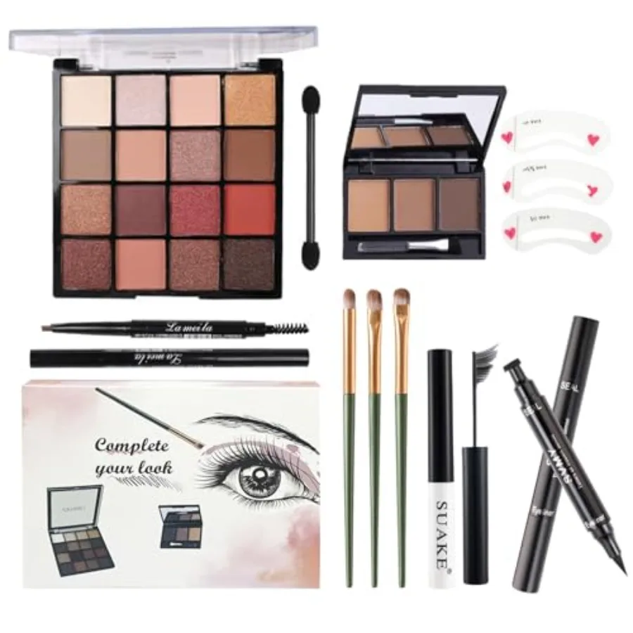 Kit de maquillaje todo en uno para niñas, paleta de sombra de ojos desnuda de 16 colores, 3 uds., brochas de maquillaje, delineador de ojos resistente al agua, lápiz en polvo para cejas