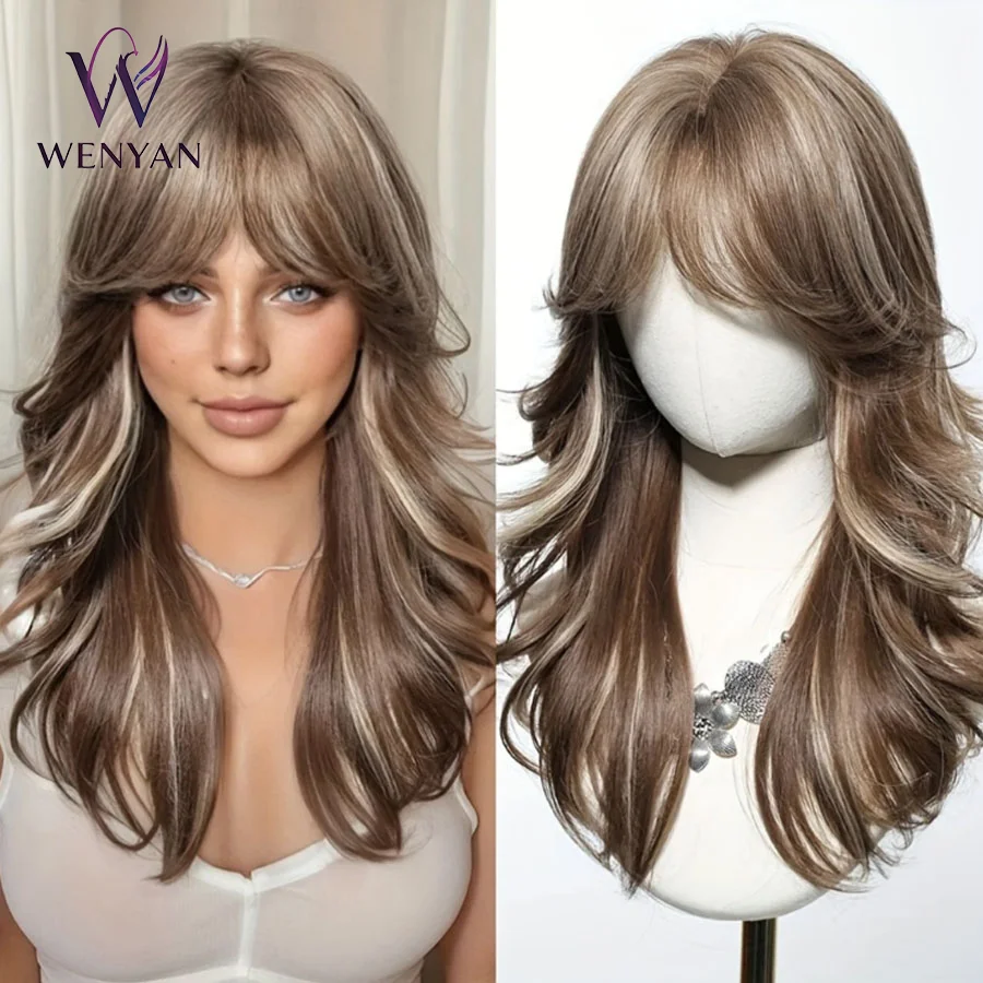 22inch Long Brown Layered Wig with Curtain Bangs for Women Highlight Brown Mixed Blonde Wavy Wig Natural Looking Synthetic Wigs