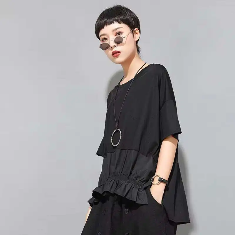 Women's Short Sleeve Summer New Personalized Hem Elastic Waist Front Short Back Long Casual Short Sleeve T-Shirt