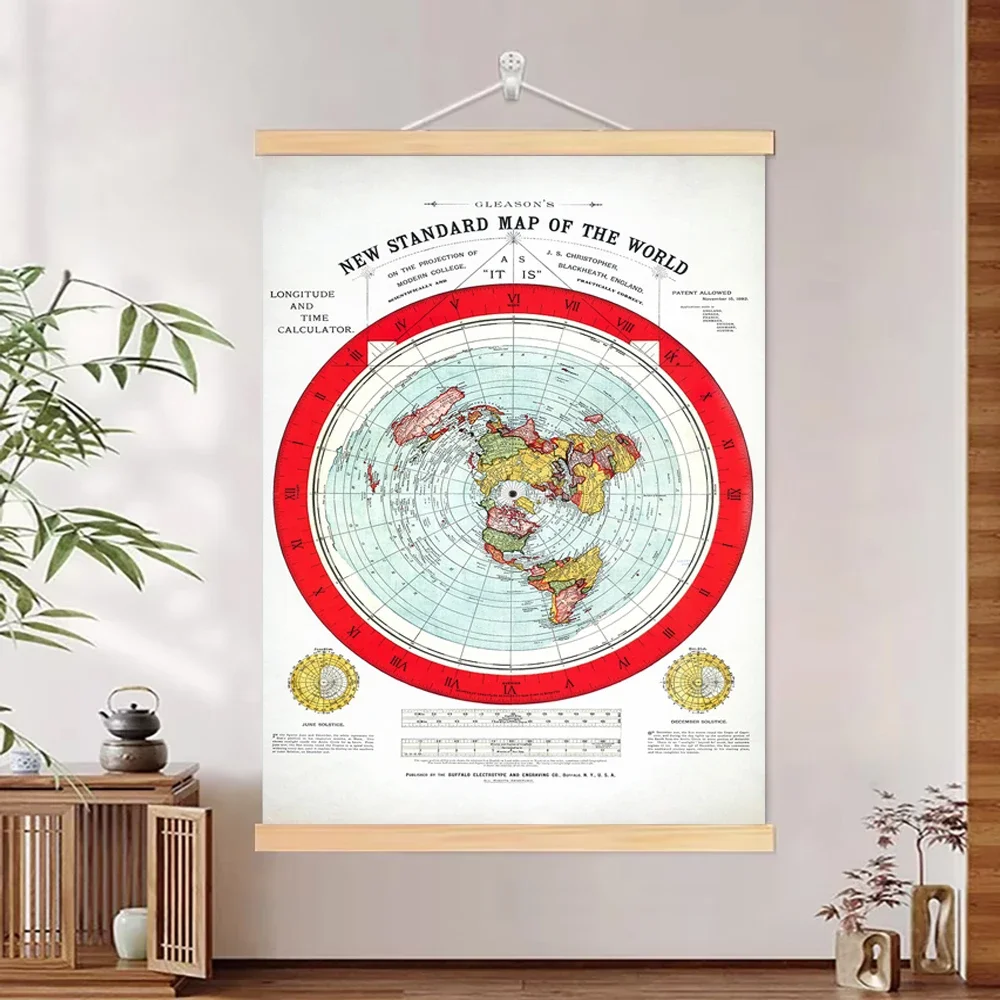 

Canvas Poster with Wooden Pole Hanger Retro Gleason Flat Earth Map Wall Art Modern HD Print Aesthetic Home Decor Interior Decora