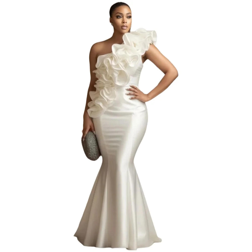 Einschultriges Meerjungfrauen-Maxikleid mit großem 3D-Rüschenbesatz, schmal geschnitten, ausgestellter Schleppe, formelles Kleid für Damen in Übergröße, für Hochzeitsgäste, Abendveranstaltungen und
