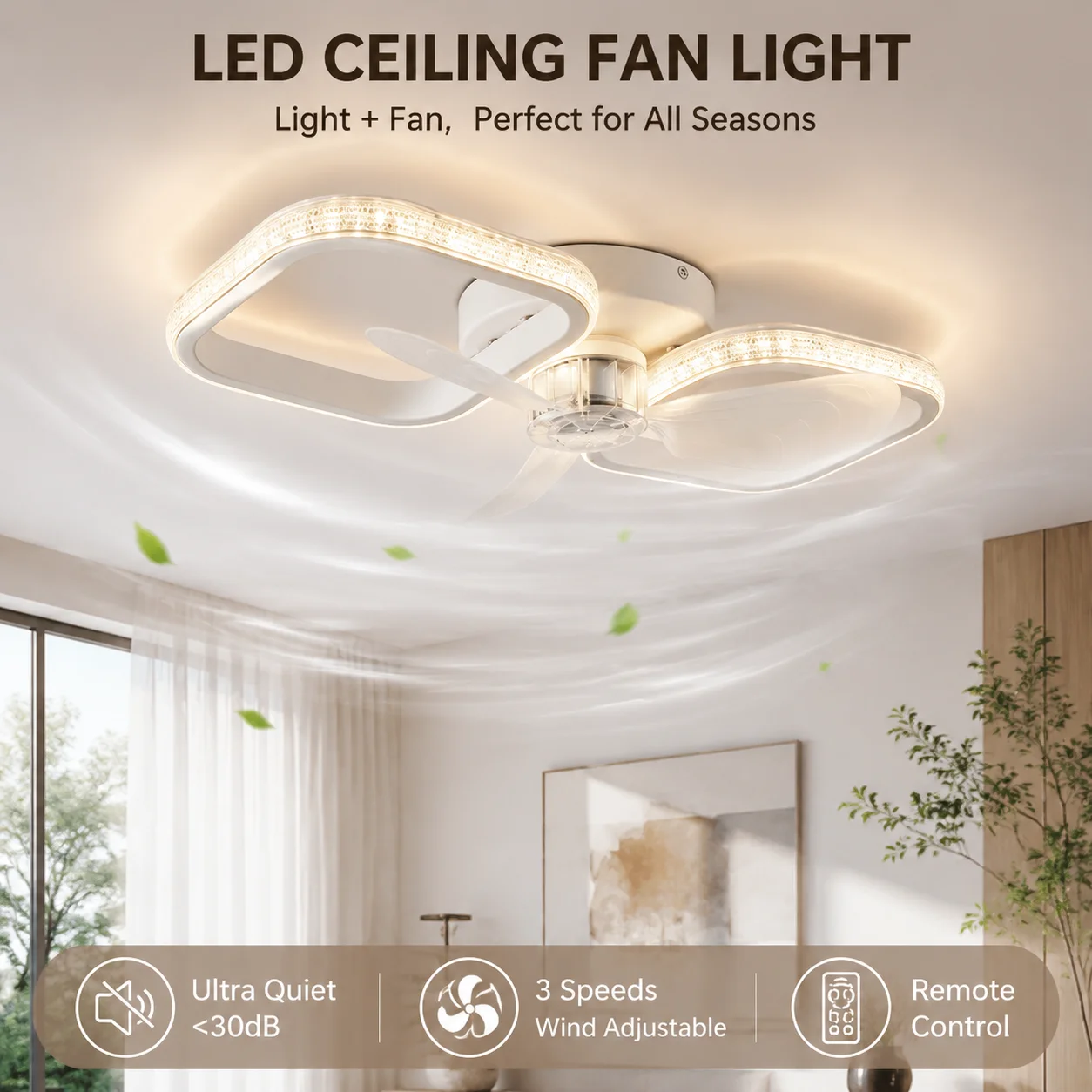 Smart LED Ceiling Fan Energy Efficient with Remote Control 3 Speed Options 2/4H Timer for Living Room Bedroom