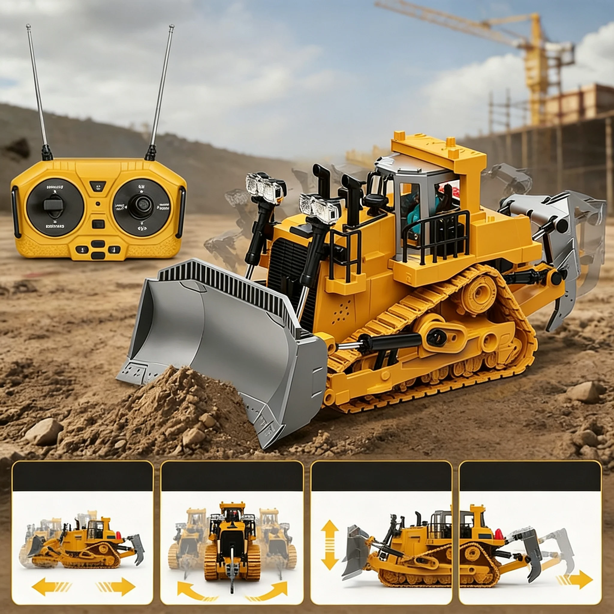 1:20 Bulldozer télécommandé, véhicule de construction en alliage, 9 canaux, camion à chenilles RC 2,4 GHz, batterie rechargeable, modèle réaliste, jouet pour enfants, garçons, adultes, cadeau.