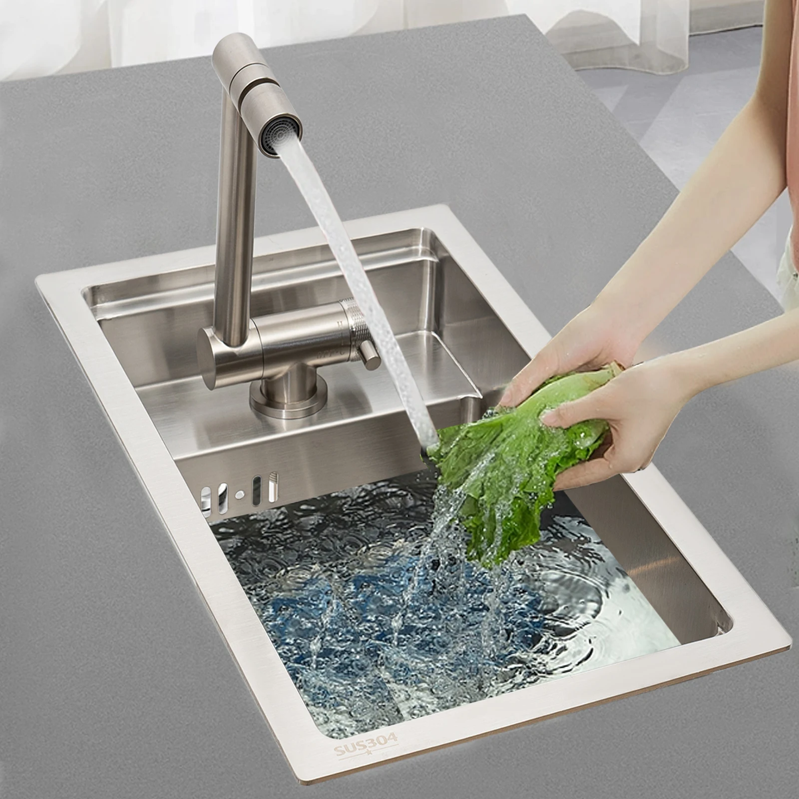 Multifunctional Sink 16.9×9.8×8.7In Workstation Ledge Inlay Horizontal & Vertical Installation Stainless Single Bowl W/ Cover