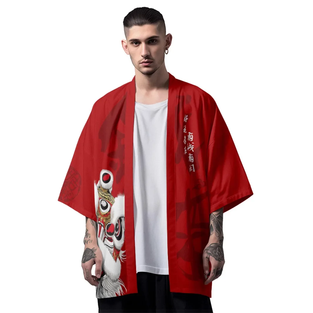 

Casual Women Beach Kimono Streetwear Men Traditional Tops Fashion Good Luck Lion Dance Print Japanese Cardigan Haori Plus Size