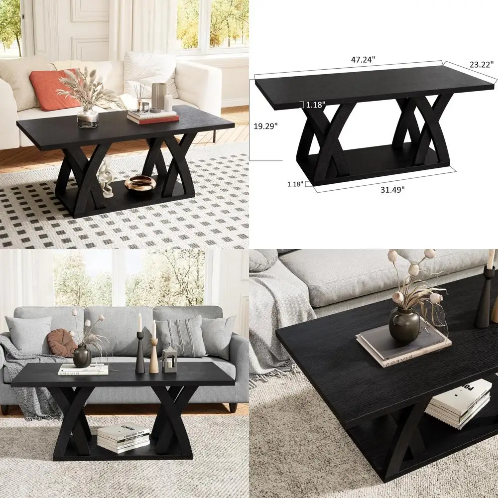 

Modern 47 Black and Grey Coffee Table with Shelf for Living Room, Perfect for Contemporary Spaces