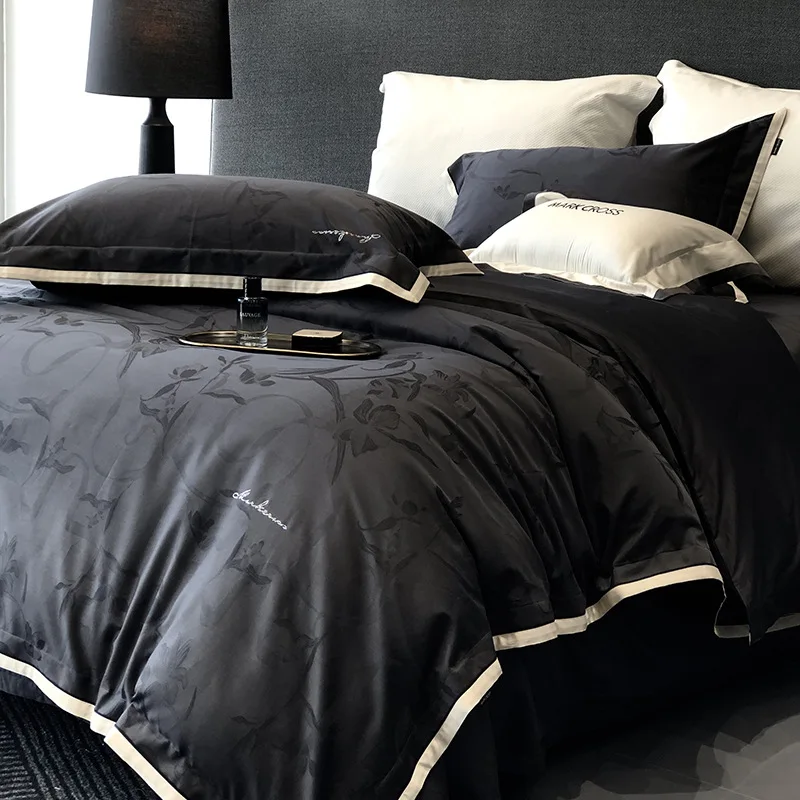 

Customizable Nordic style craft cotton elegant 100 dark pattern dyed jacquard four-piece set of high-end sheets