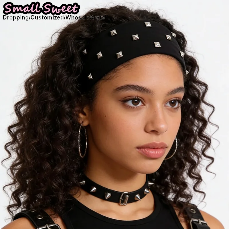European American Gothic Punk Y2K Wide Rivet Headband for Women Sports Headwrap Hip Hop Hair Hoop Fashion Hair Accessories