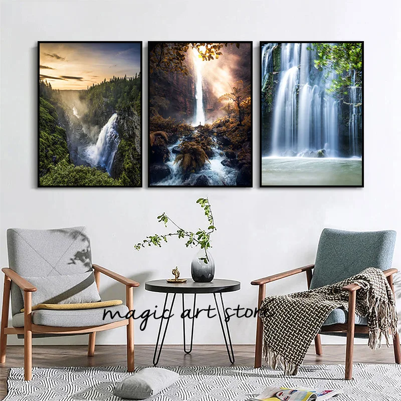 Waterfall In Forest Trees Nature Sunset Mountains Landscape Art Poster Canvas Painting Wall Print Picture Living Room Home Decor