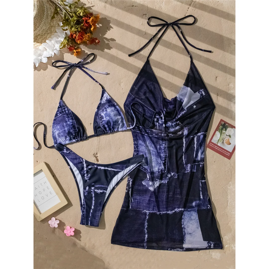 Mit Kleid, Neckholder, Jeansblau, Bikini, Damen-Badebekleidung, weiblicher Badeanzug, dreiteiliges Bikini-Set, gepolsterter Badeanzug, Badebekleidung, Badeanzug, V8020 – Detail 6