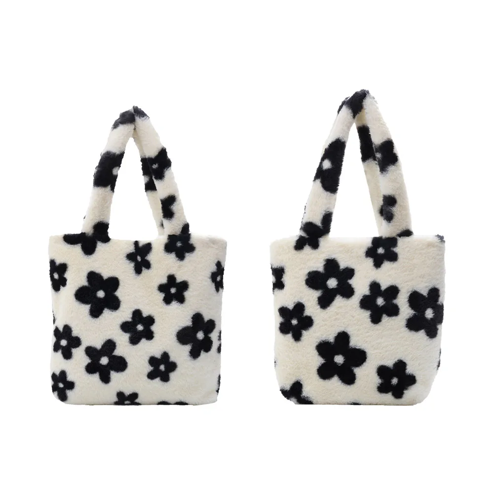 

Popular Simple Female Daily Bag Vintage Fluffy Flower Printed Handbag Autumn Lady Plush Top-handle Shoulder Bags