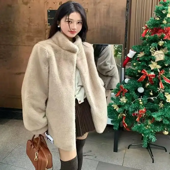 معطف فرو نسائي لربيع وخريف وشتاء ثينيد طويل Sve بياقة واقفة شارع Sle متوسط الطول فضفاض مناسب معطف فرو كامل