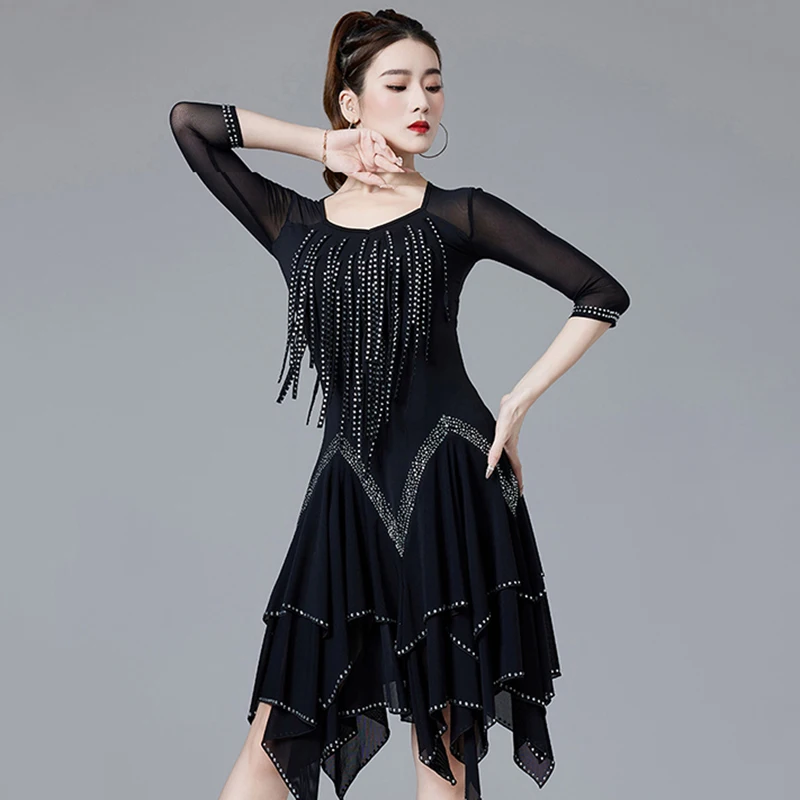 Women One-Piece Latin Dance Dresses Gilr Salsa Samba Sling Stretchy Dress Half Sleeves Fringes Competition Costume Set