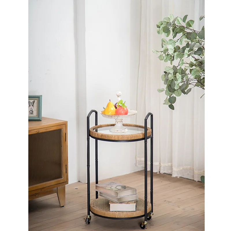 Two-Tier Storage Tea Table Removable Bedside Metal Sofa Side Small Rattan Coffee Table With Wheels