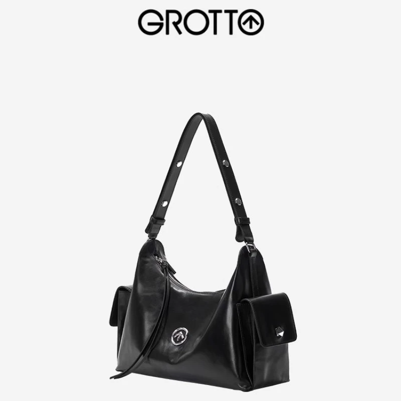 

GROTTO 2025 New Light-Sensitive Cowhide Toast Hobo Bag Shoulder Crossbody Bag Premium Commuter Underarm Bag