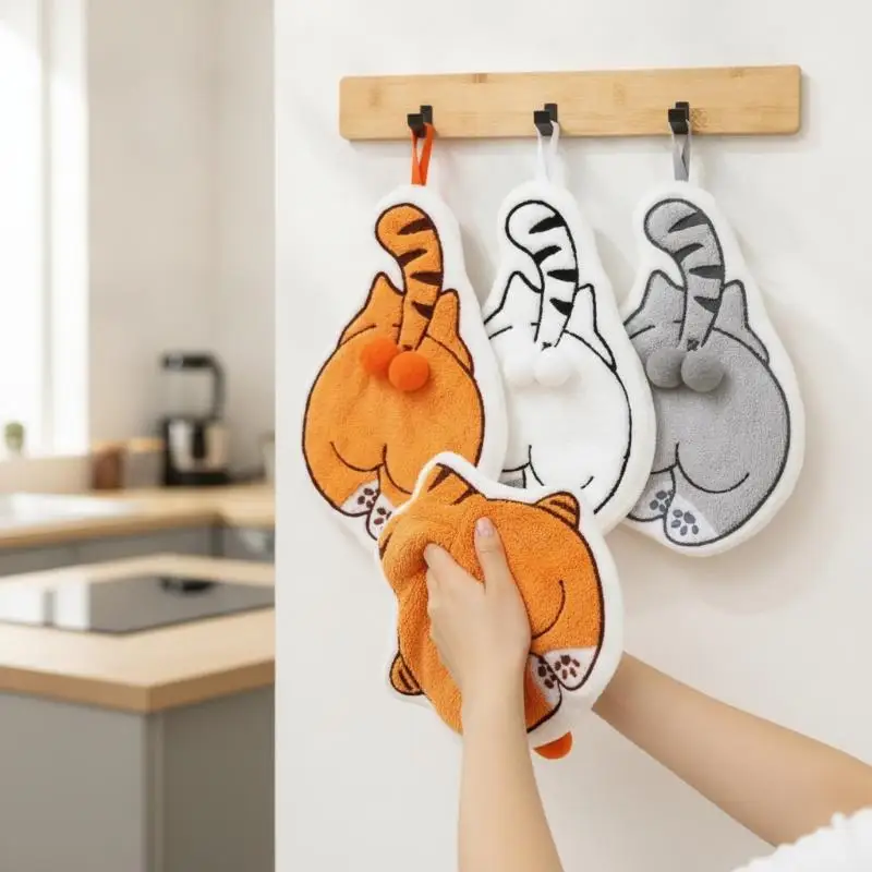 Cartoon Animals Hand Towel Absorbent Hand Cloth Bathroom Hanging Towel Kitchen Cleaning Wipe Cloth Cute Cat Bathroom Towels