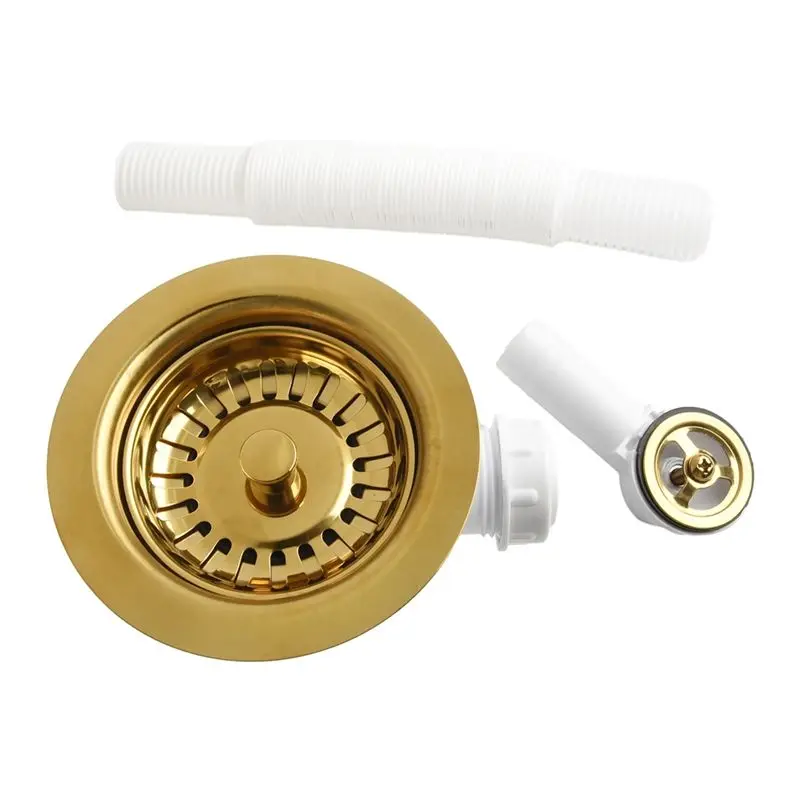 ABSE-For Open Hole 86-95 Kitchen Sink Drain Downcomer 114MM Gold-Plated Strainer Overflow Anti Stainless Steel