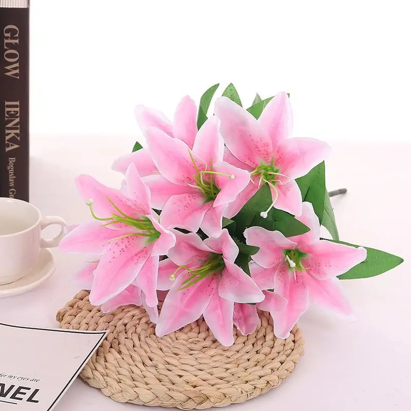 

Fake Flower Multi Headed Lily Simulation Silk Flower Bouquet Living Room Interior Decoration Props Floral Arrangement Ornament